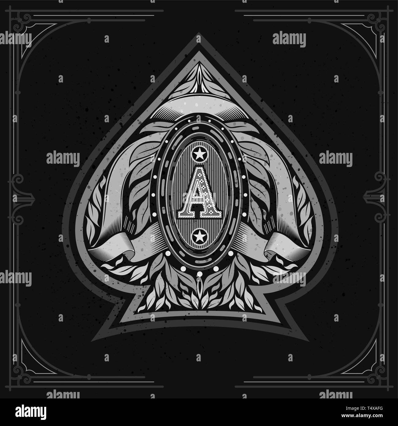Ace of Spades Form mit ovalen Rahmen zwischen Laurel wreth und Farbband. Design Playing Card Element, Weiß auf Schwarz Stock Vektor