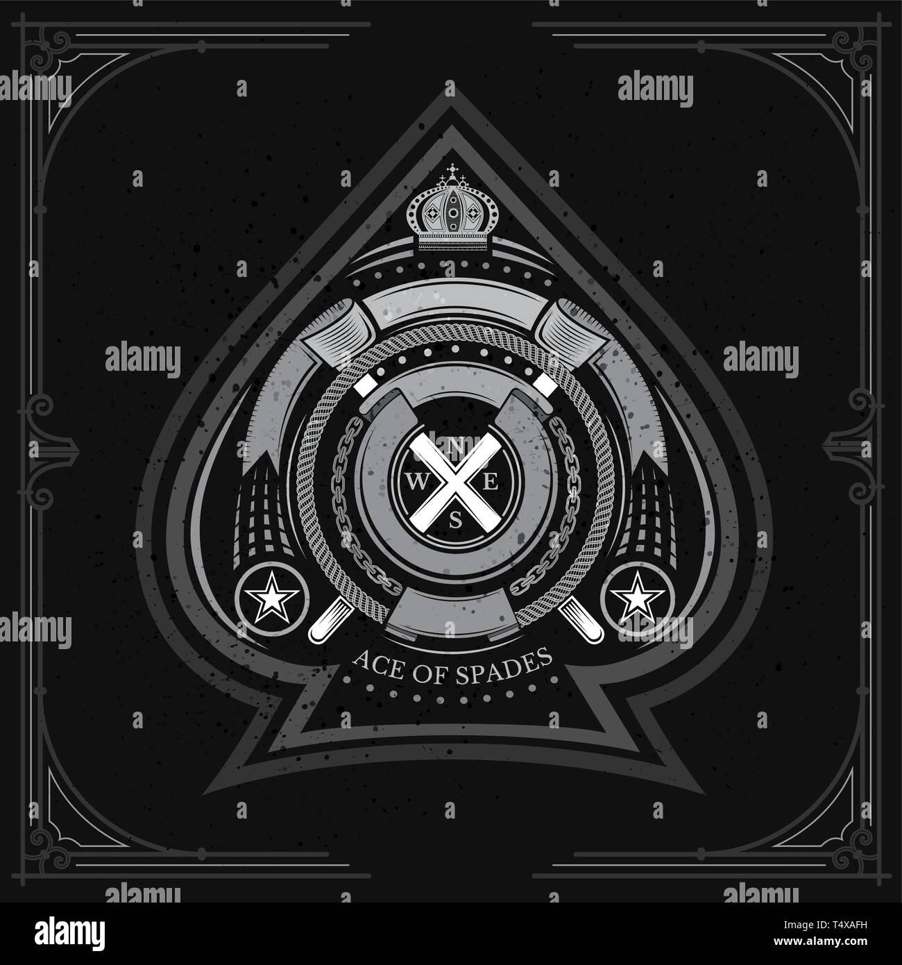 Ace of Spades Form mit runden ribbon Rahmen und gekreuzt Signal flags im Inneren. Marine design Playing Card Element, Weiß auf Schwarz Stock Vektor