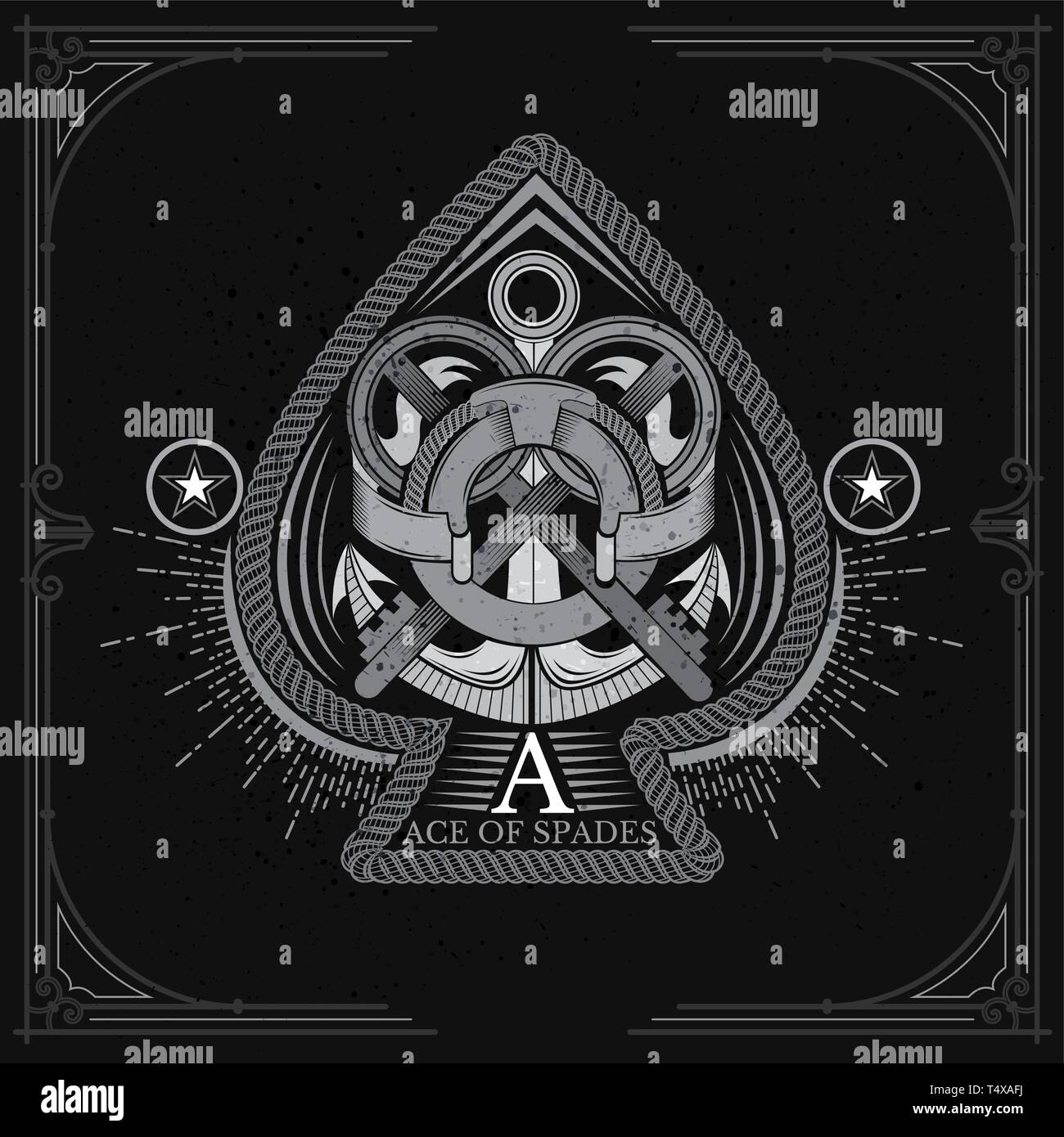 Ace of Spades Form mit Schild mit Anker und gekreuzte Schlüssel innen. Marine design Playing Card Element, Weiß auf Schwarz Stock Vektor