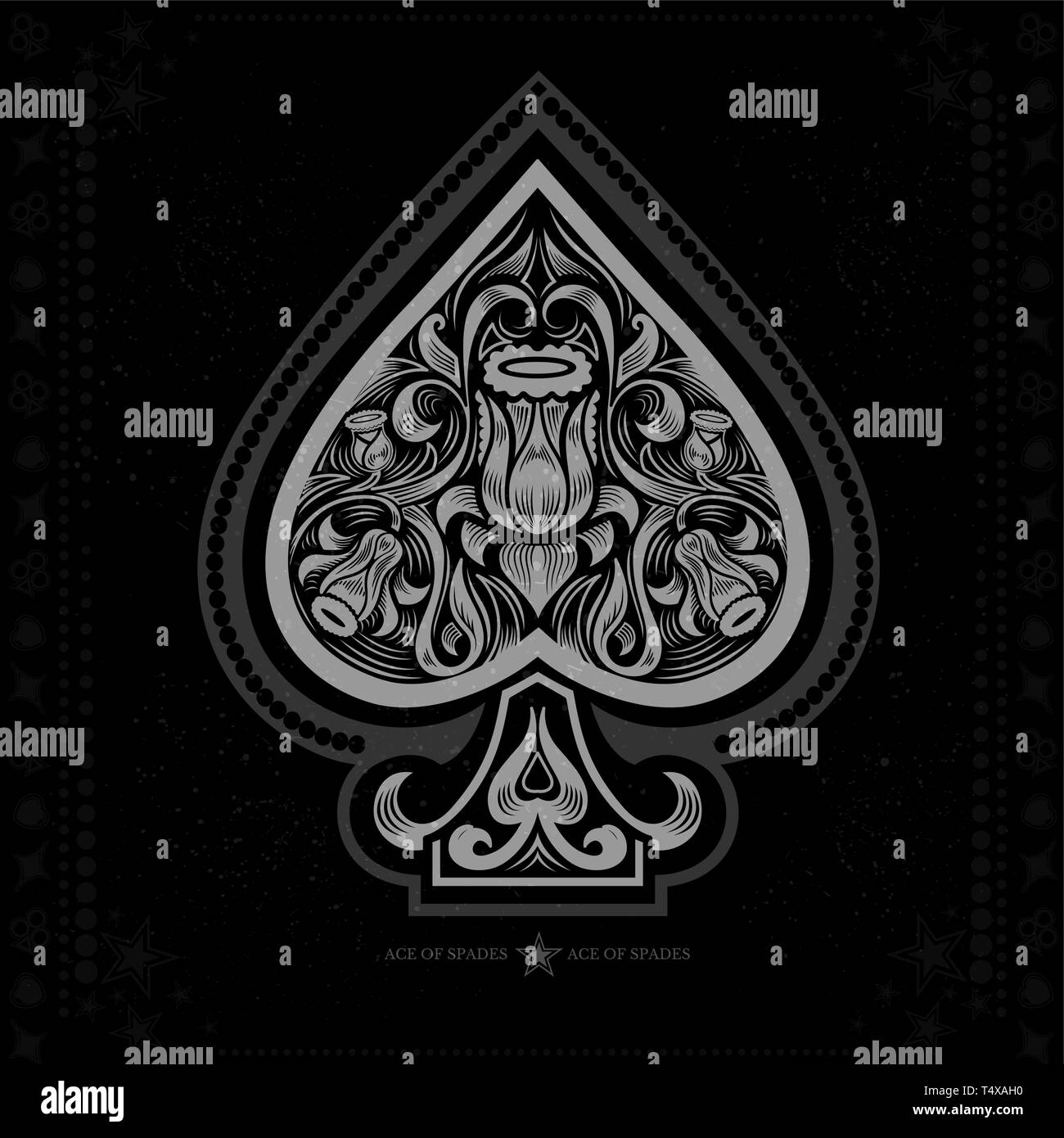 Ace of Spades mit Blumenmuster innen. Weiß in Schwarz Stock Vektor