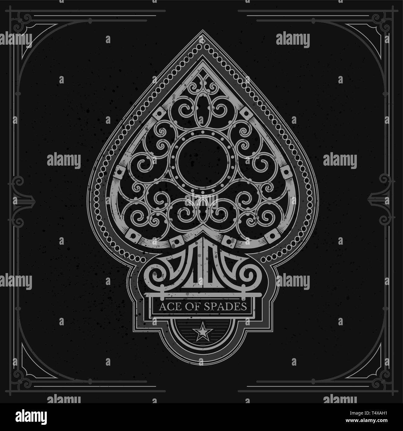 Ace of Spades mit Schmieden im Inneren Muster curl. Weiß auf Schwarz Stock Vektor