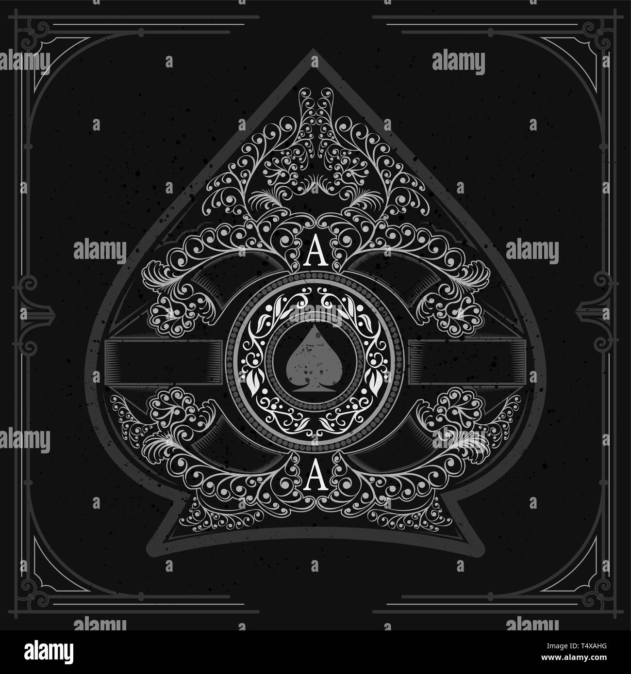 Florales Muster, um Kreis Schild mit Spaten in der Mitte der Innenseite Ace of Spades bilden. Vintage Design Playing Card Element, Weiß auf Schwarz Stock Vektor