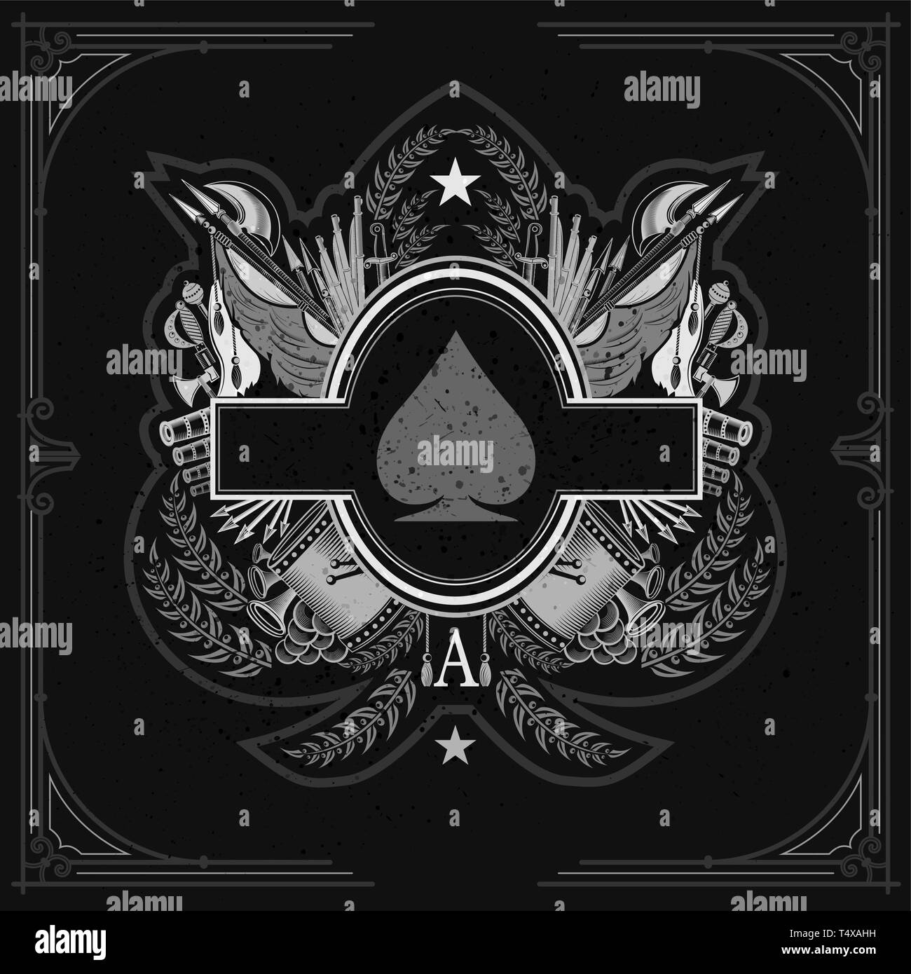 Ovaler Rahmen in der Mitte des Vintage Waffen und militärische Elemente innerhalb von Ace of Spades bilden. Militärische design Playing Card Element, Weiß auf Schwarz Stock Vektor