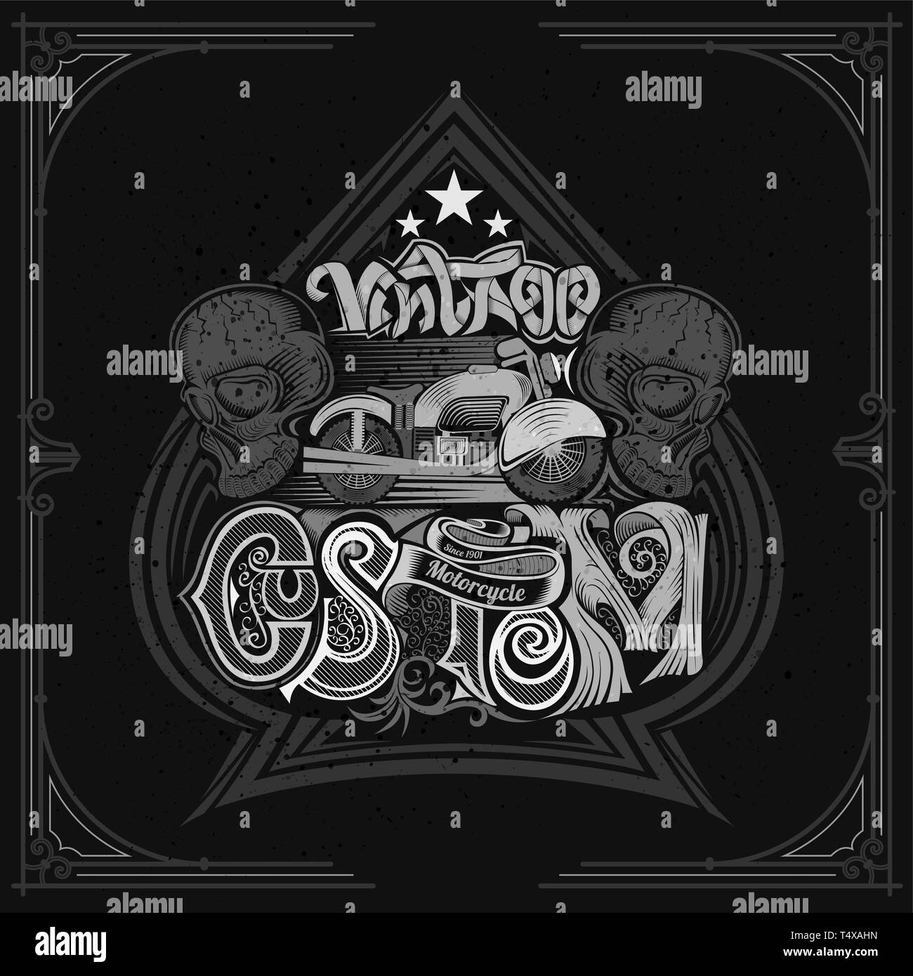 Motorrad zwischen zwei Schädel und Beschriftung benutzerdefinierten innen Ace of Spades bilden. Oldtimer Motorrad design Karten oder t-t-shirt Element weiß auf blac Stock Vektor