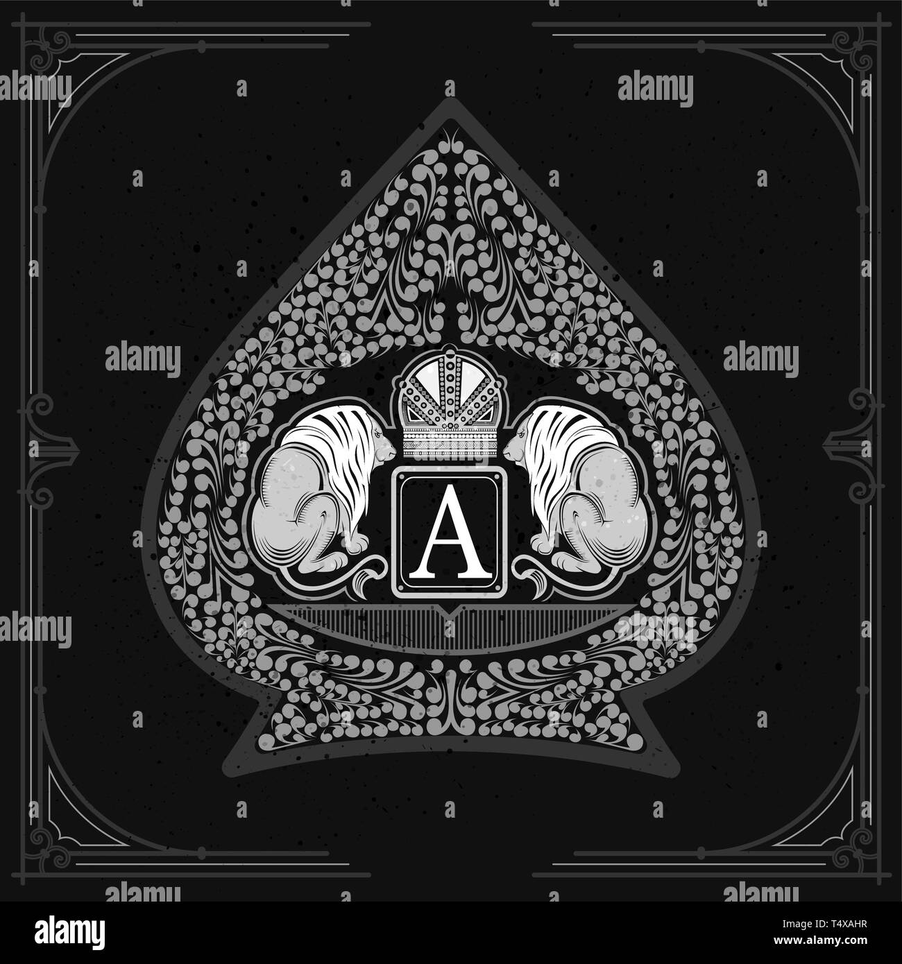 Zwei Löwen mit Krone in der Mitte der Blumen Muster innen Ace of Spades bilden. Vintage Design Playing Card element Weiß auf blackboard Stock Vektor