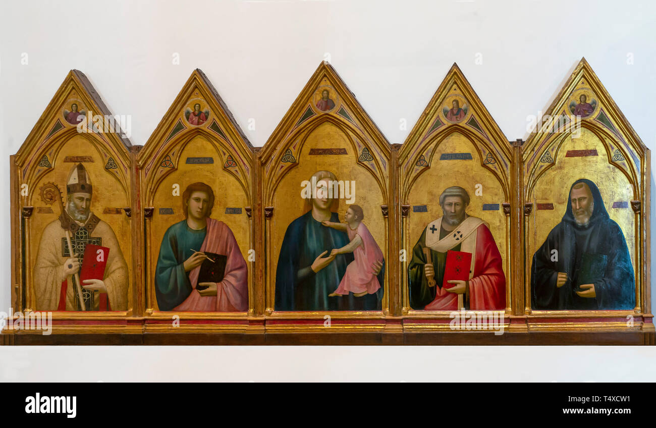 Madonna mit Kind, hl. Nikolaus, hl. Johannes der Evangelist. St. Peter und St. Benedikt der Erlöser und vier Engel, Giotto di Bondone, ca. 1295-130 Stockfoto