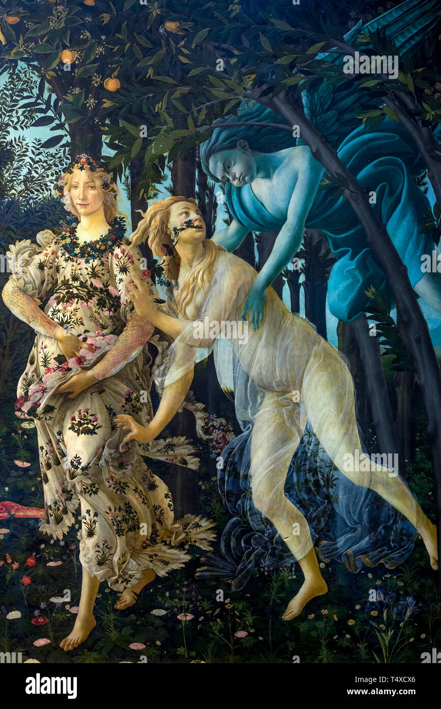 Flora, der Göttin der Blumen und die Jahreszeit der Frühling, mit Chloris und Zephyrus, Primavera, Feder, Detail, Sandro Botticelli, circa 1482, Galleria Stockfoto