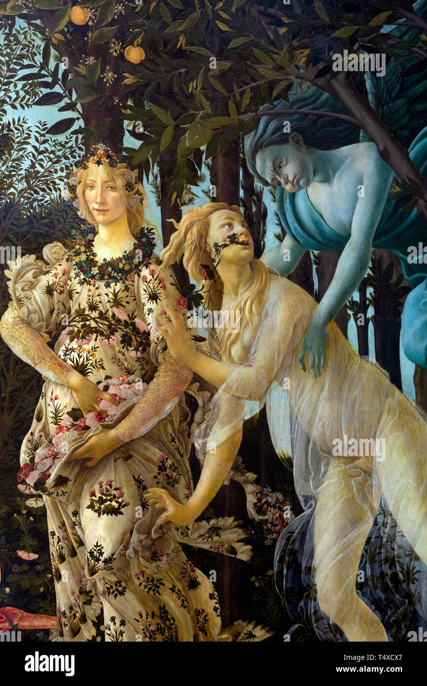 Flora, der Göttin der Blumen und die Jahreszeit der Frühling, mit Chloris und Zephyrus, Primavera, Feder, Detail, Sandro Botticelli, circa 1482, Galleria Stockfoto