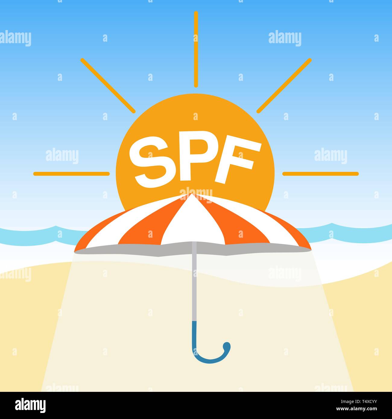 Vektor Abzeichen, Logo auf den Schutz von hellem Sonnenlicht. Sommer Urlaub, Sonnenschutz, orange Sonnenschirm am Strand mit dem Wort SPF auf dem Hintergrund der Stock Vektor