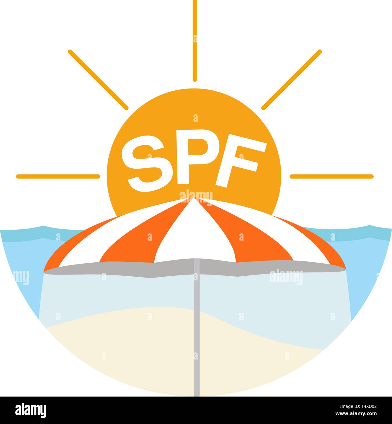 Vektor Abzeichen, Logo auf den Schutz von hellem Sonnenlicht. Sommer Urlaub, Sonnenschutz, orange Sonnenschirm am Strand mit dem Wort SPF auf dem Hintergrund der Stock Vektor