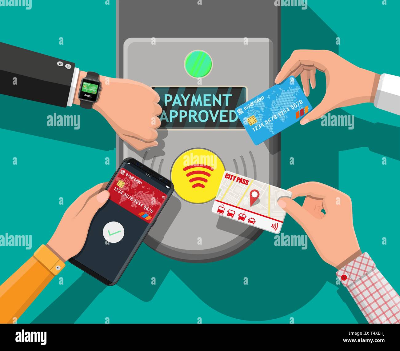 Hände mit Transport Card, Smartphone, erobert und in der Nähe von Terminal. Flughafen, U-Bahn, Bus, U-Bahn ticket Validator. Drahtlose kontaktlose Cash Stock Vektor