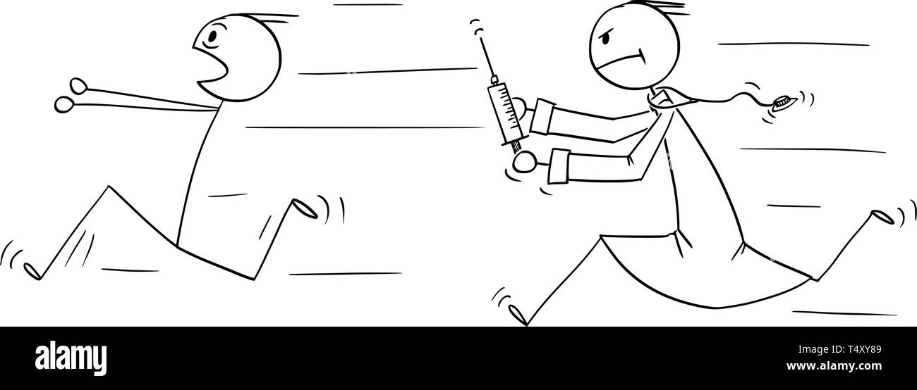 Cartoon Strichmännchen Zeichnen konzeptionelle Darstellung des Menschen in Panik, die durch Arzt mit Injektionsspritze jagte. Konzept der Gesundheitsversorgung und der Impfung. Stock Vektor