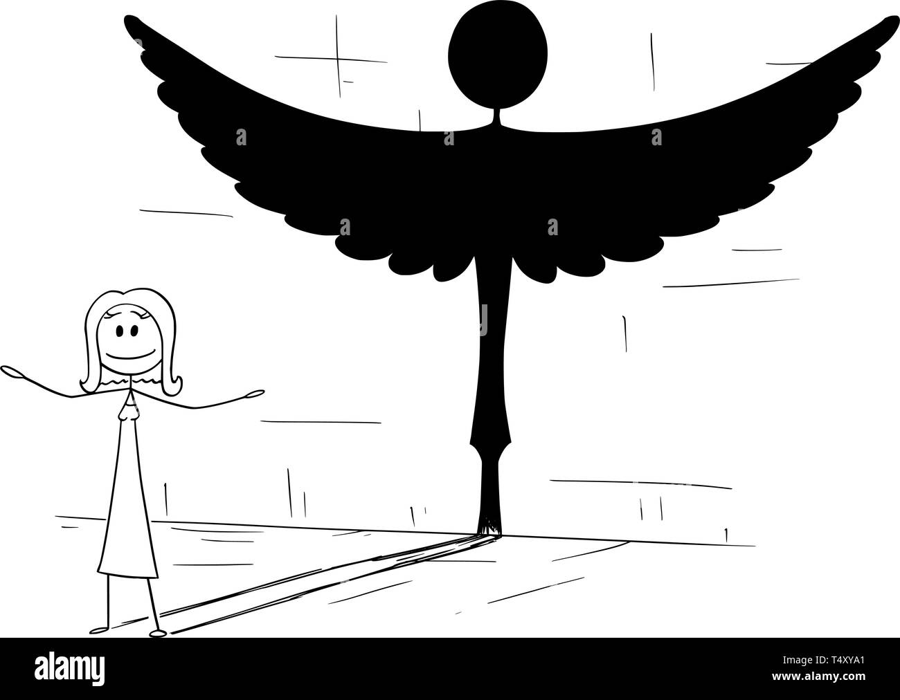 Cartoon Strichmännchen Zeichnung konzeptuelle Abbildung: gute Frau oder eine Person werfen Schatten in Form der Engel. Metapher oder wahre Persönlichkeit im Inneren verborgen. Stock Vektor