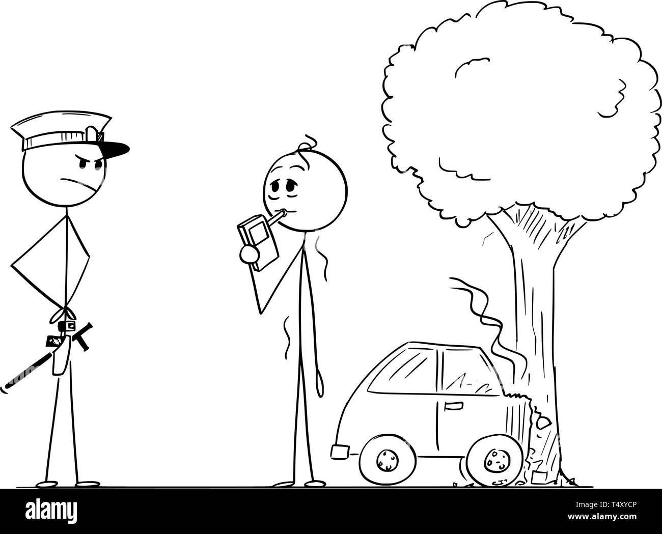 Cartoon Strichmännchen Zeichnung konzeptuelle Abbildung: controlling Alkoholspiegel von betrunkenen Mann oder Fahrer nach Verkehrsunfall. Stock Vektor
