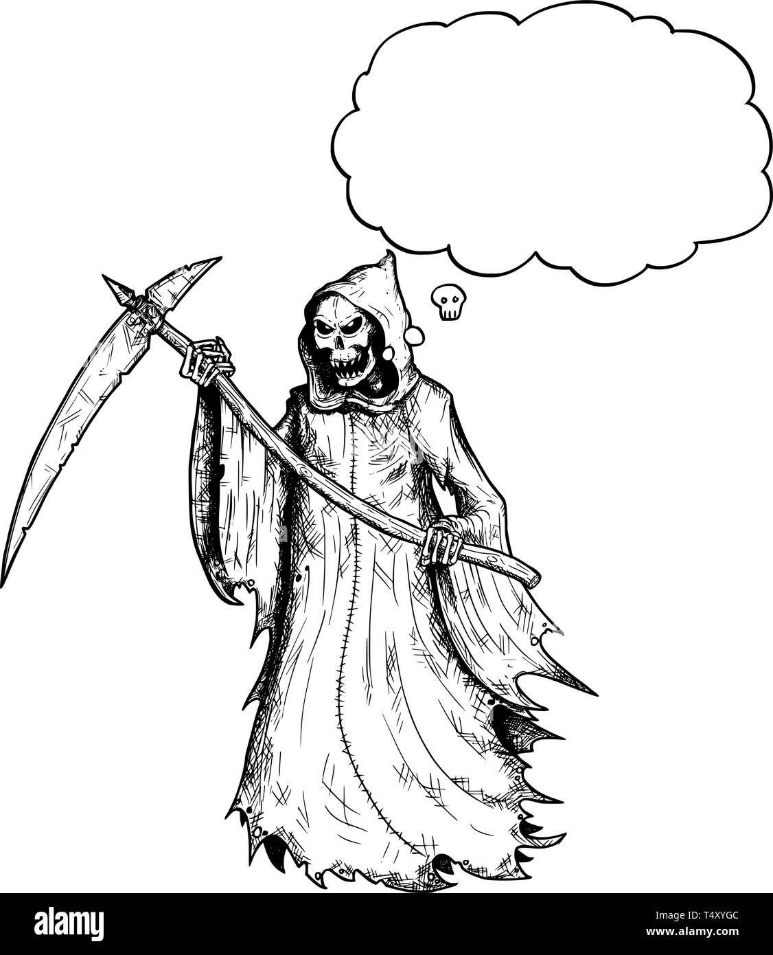 Cartoon Strichmännchen Zeichnen konzeptionelle Darstellung der Sensenmann mit Sense und in schwarzen Haube und mit leeren Text oder sprechblase oder Ballon. Stock Vektor