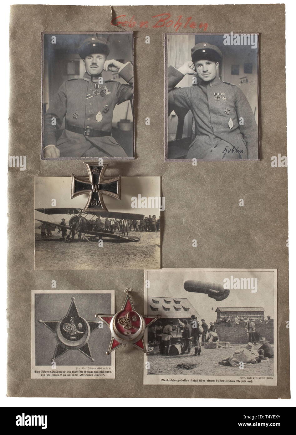 Josef Bohlen - ein signiertes Portrait post Card der Pilot im FA A 209 in Uniform tragen ein Pilot Badge und dem Eisernen Kreuz 1. und 2. Klasse, die untere Kante mit Tinte' Bohlen" unterzeichnet. Inbegriffen ist ein Foto von seinem Bruder, ebenfalls in Uniform mit Imperial sowie türkische Pilot Abzeichen, die Türkische Bügeleisen Crescent bestellen und eine dreiteilige Bestellungen Spange. Auf einem Album Seite mit einem Foto einer biplanaren Nach einer Notlandung sowie zwei Pressefotos, zusätzlich zu einem montiert Iron Cross 1. Klasse und Bügeleisen Crescent. Josef Bohlen erwarb sowohl das Eiserne Kreuz 2. und 1. Klasse als Fron, Editorial-Use - Nur Stockfoto