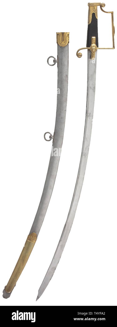 Sabre ist ein Offizier leicht gebogenen Rohr-zurück-Blade mit einem pandour Punkt. Aus vergoldetem Messing Griff, texturierte languets mit den Köpfen der Löwe, der Knöchel - Bug und Knauf Cap mit einem feinen floralen Dessin, Ebenholz Griff. Bügeleisen Scheide mit Armaturen eingerichteten Zimmer mit eigenem Bad, angewandte facettierte Schleifen mit beweglichen Aufhängung Ringe. Reinigen der Klinge, Griff mit kleinen Spannungen reißen, Vergoldung etwas bestoßen. Länge 99 cm. historischen, geschichtlichen, Frankreich, Imperial, Kaiserreich, Objekt, Objekte, Stills, Clipping, Ausschneiden, Ausschneiden, Ausschnitten, 19. Jahrhundert, Additional-Rights - Clearance-Info - Not-Available Stockfoto