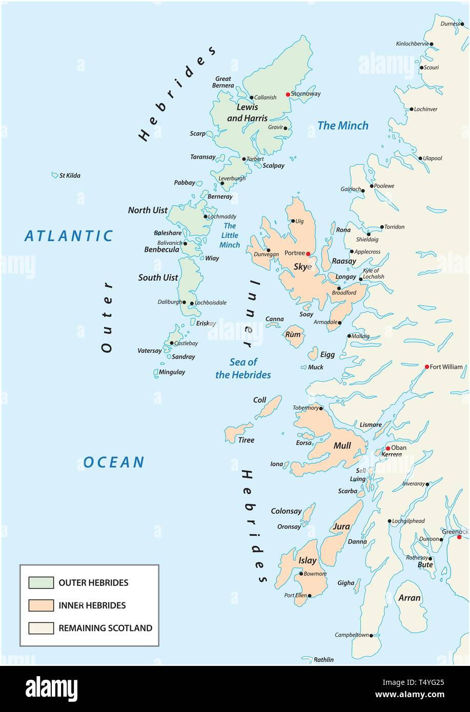 Vektorkarte der schottischen Inselgruppe hebriden an der Westküste von Schottland Stock Vektor