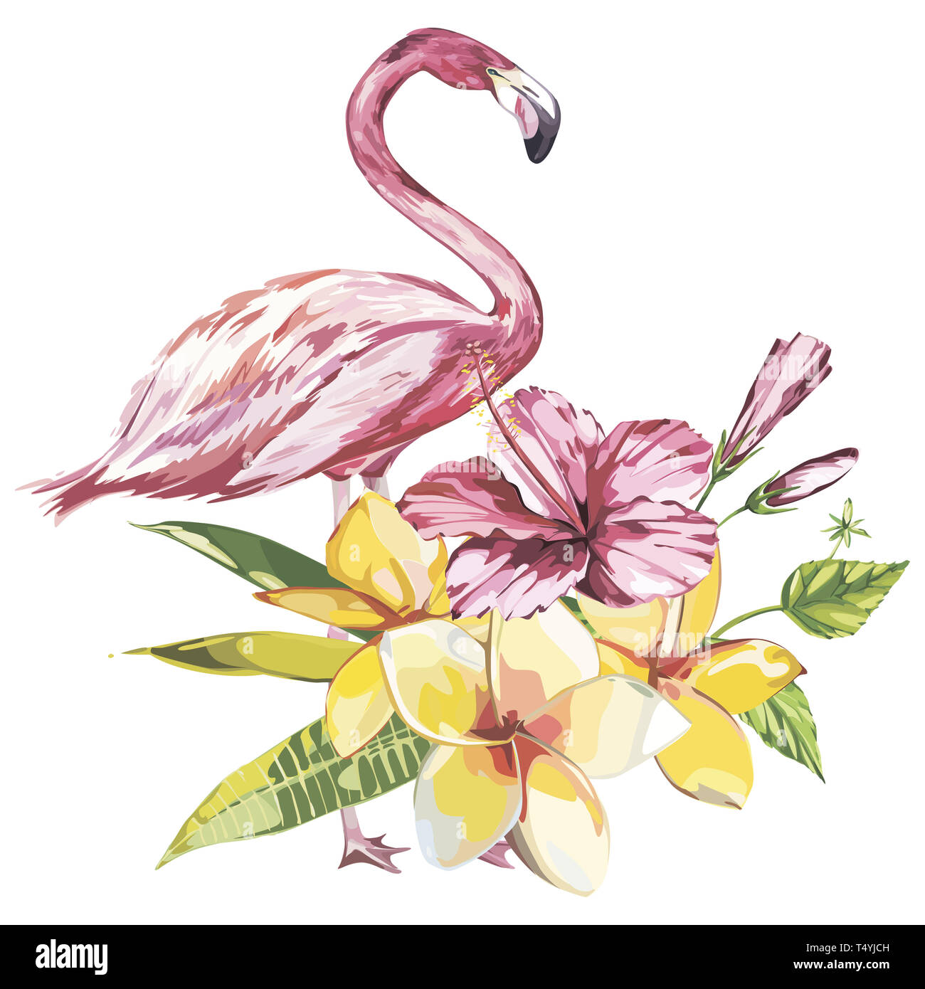 Flamingo mit tropischen Blumen. Element für die Gestaltung von Einladungen, Filmplakate, Stoffen und anderen Objekten. Auf weiß Isoliert Stockfoto