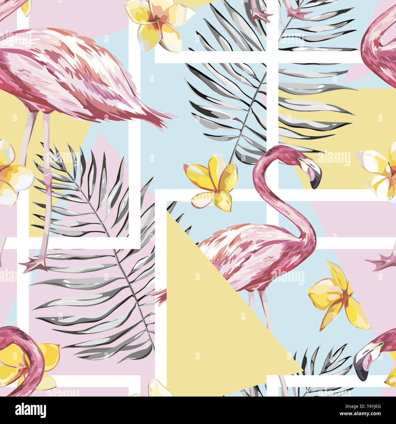 Nahtlose Muster mit tropischen Flamingo und Blumen. Element für die Gestaltung von Einladungen, Filmplakate, Stoffen und anderen Objekten. Auf weiß isoliert. G Stockfoto