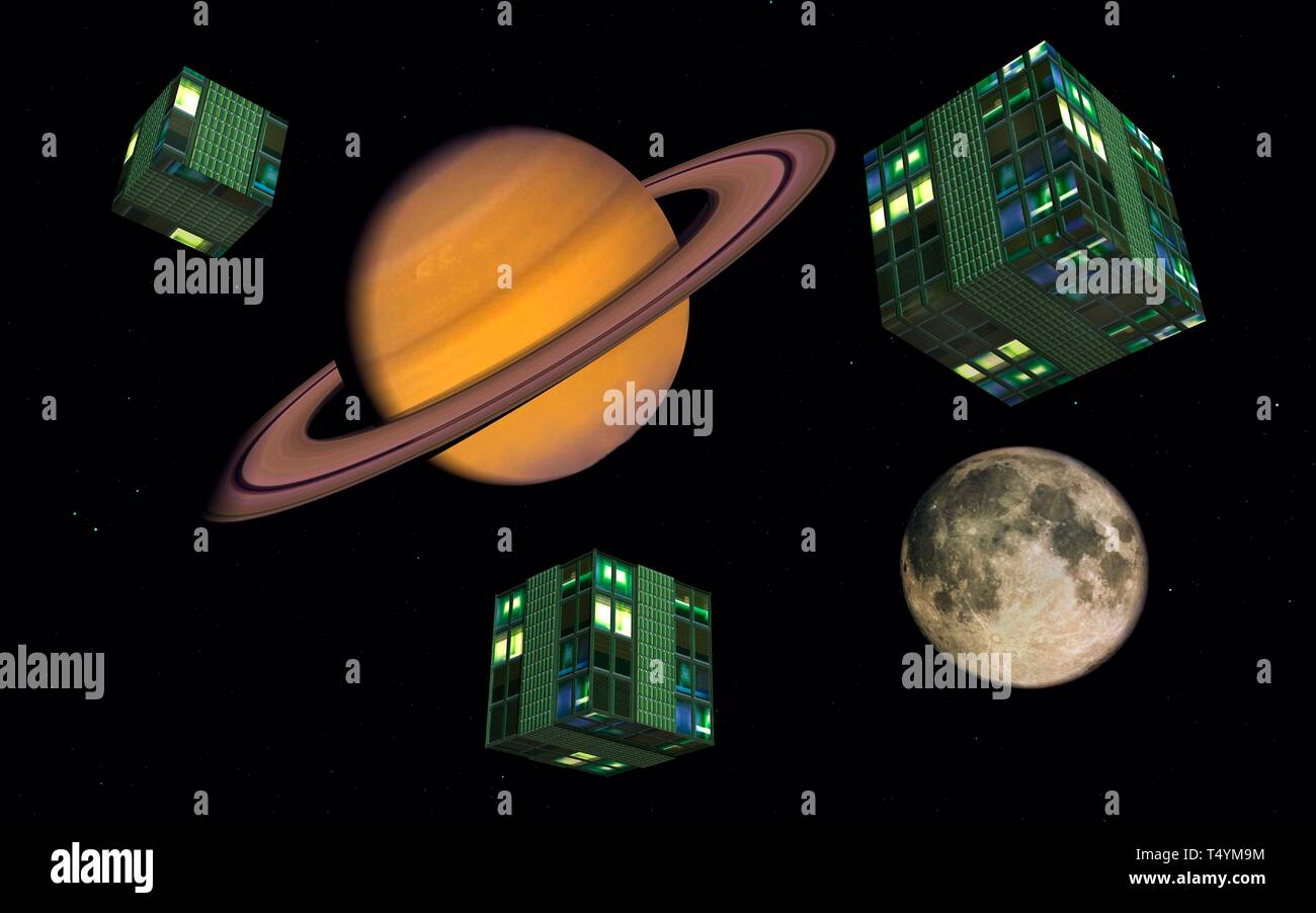 Die Verschwörung von Saturn und Mond die Menschheit beeinflussen. Stockfoto