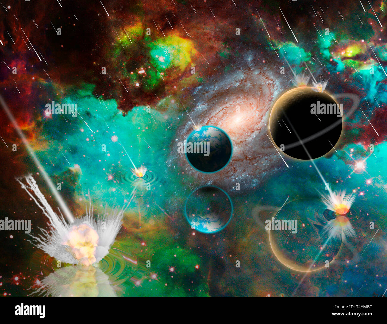 Planetengetriebe Armageddon, Massive Meteoriten Asteroiden Planeten Dusche zerstören, 3D-Rendering Stockfoto