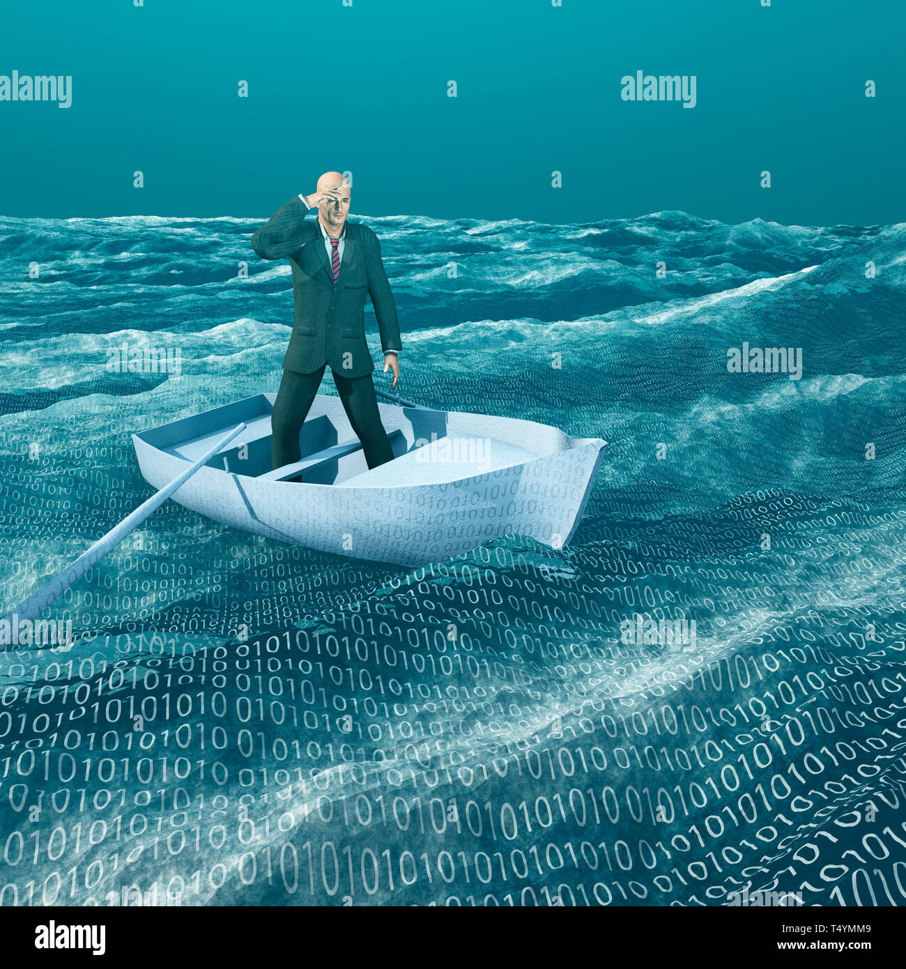 Der Mensch hilflos im kleinen Boot in binären Ozean Stockfoto