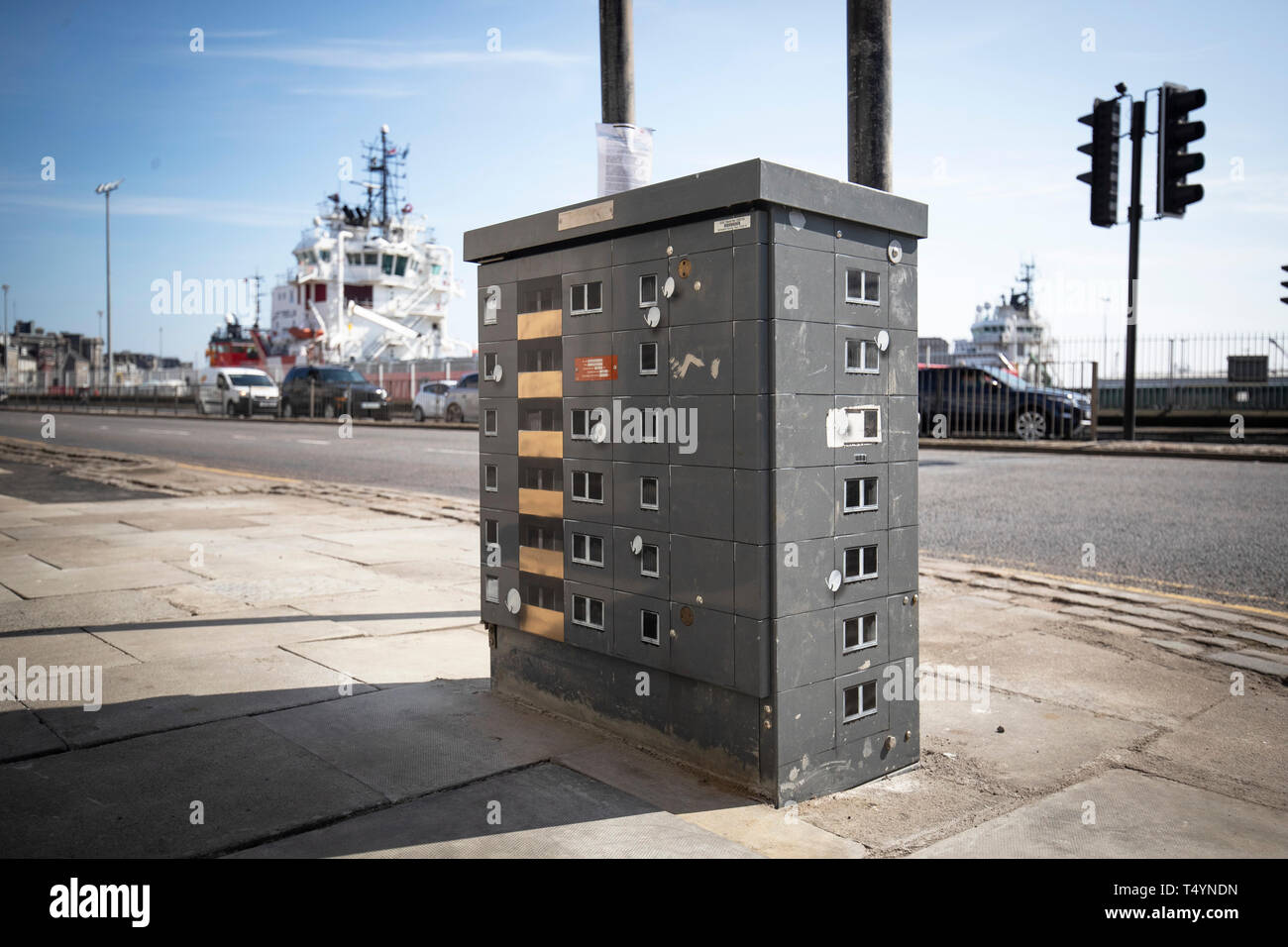 Ein Stück der Street Art durch "Evol", einer umgewandelten elektrischen Gehäuse, für den diesjährigen Nuart Aberdeen Festival in Auftrag gegeben. Stockfoto