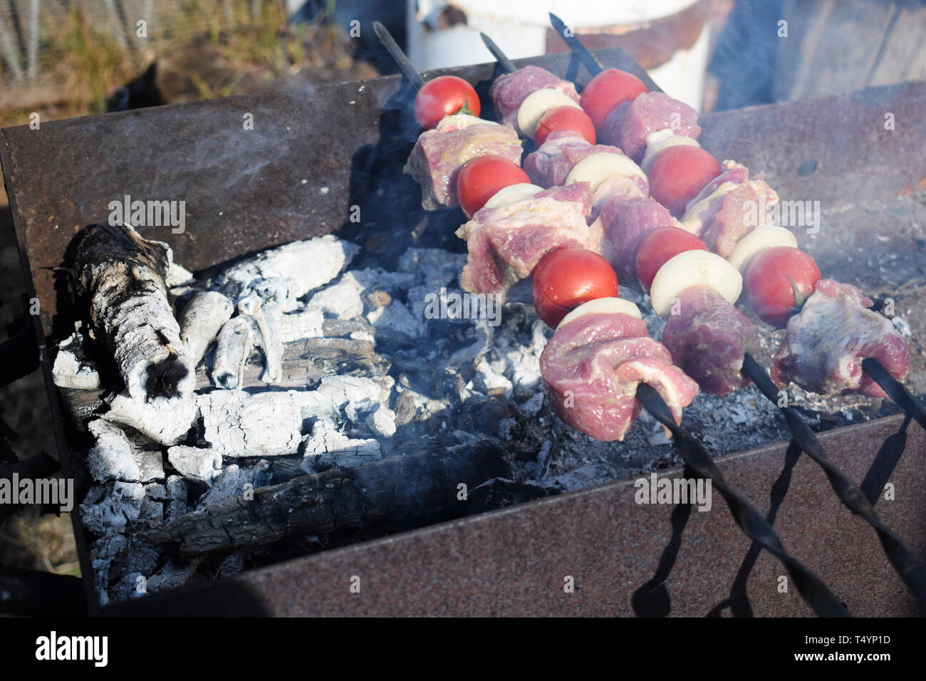 Frisches Schweinefleisch mit Gemüse gegrillt. Kochen in der Natur. Saftige Shish Kebab aus Schweinefleisch, Tomaten, gebraten auf ein Feuer im Freien. Stockfoto