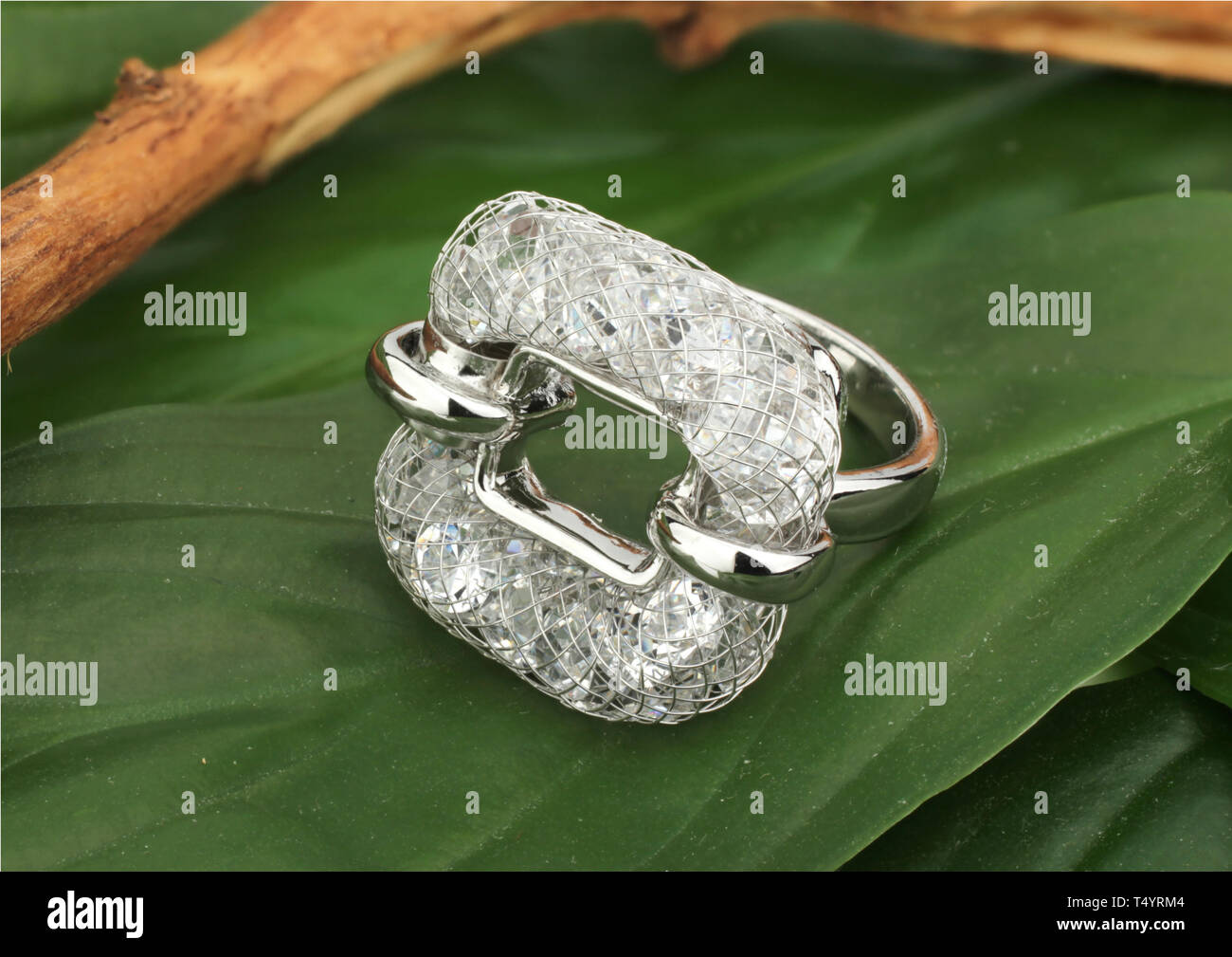 Schmuck Ring mit Diamanten, auf grüne Blätter treibt. Stockfoto