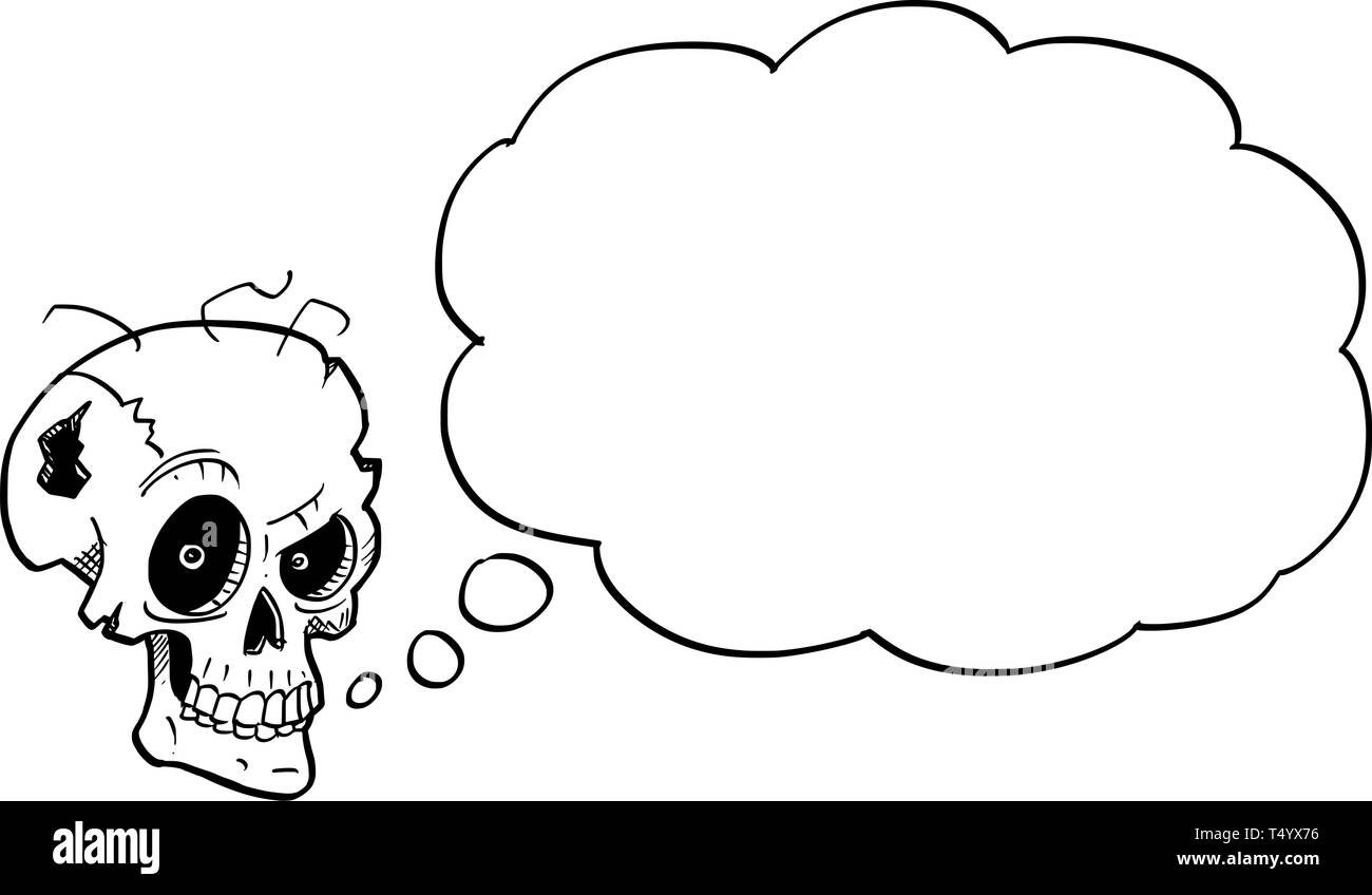 Cartoon Zeichnung konzeptuelle Abbildung: verrückte Monster Schädel mit bösen Augen mit leeren Sprechblase oder Sprechblase. Stock Vektor