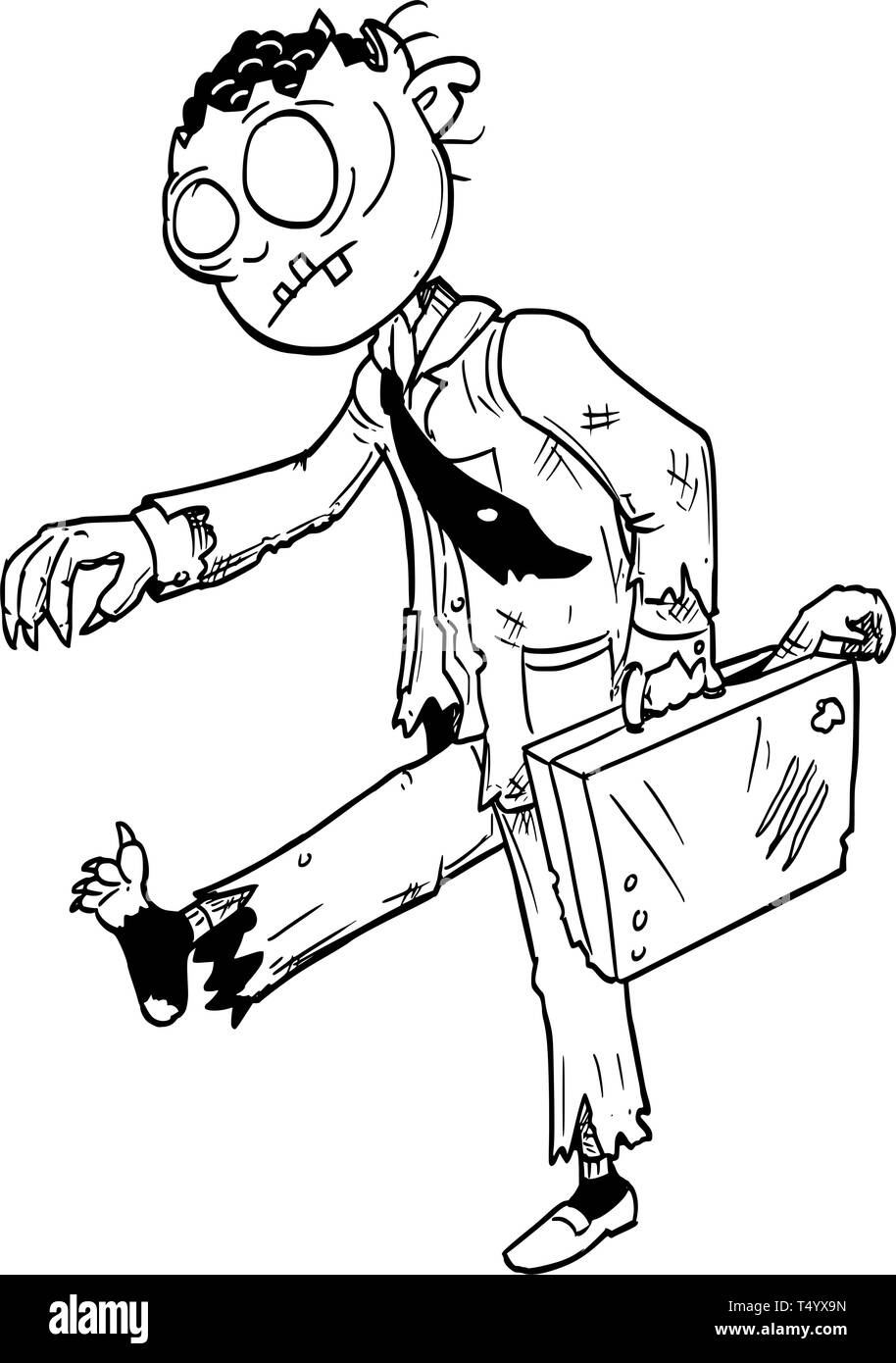 Cartoon Zeichnung konzeptuelle Abbildung: crazy Halloween Monster zombie Geschäftsmann mit Anzug und Aktenkoffer. Stock Vektor