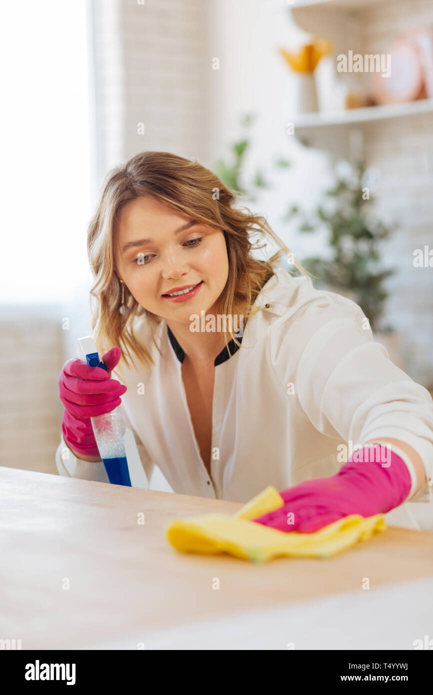 Kein Staub. Angenehme junge Frau lächelnd während der Reinigung einer Oberfläche mit einem speziellen Reinigungsmittel Stockfoto