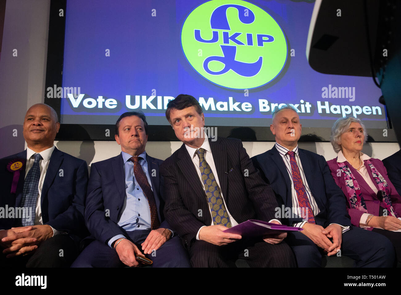 UKIP Führer, Gerard Batten, hält eine Pressekonferenz und stellt UKIPs neue Kandidaten für die Wahlen zum Europäischen Parlament. Stockfoto