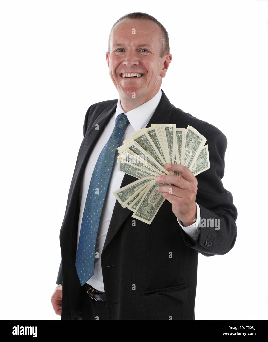 Glücklich im mittleren Alter Mann mit Bargeld in der Hand Stockfoto