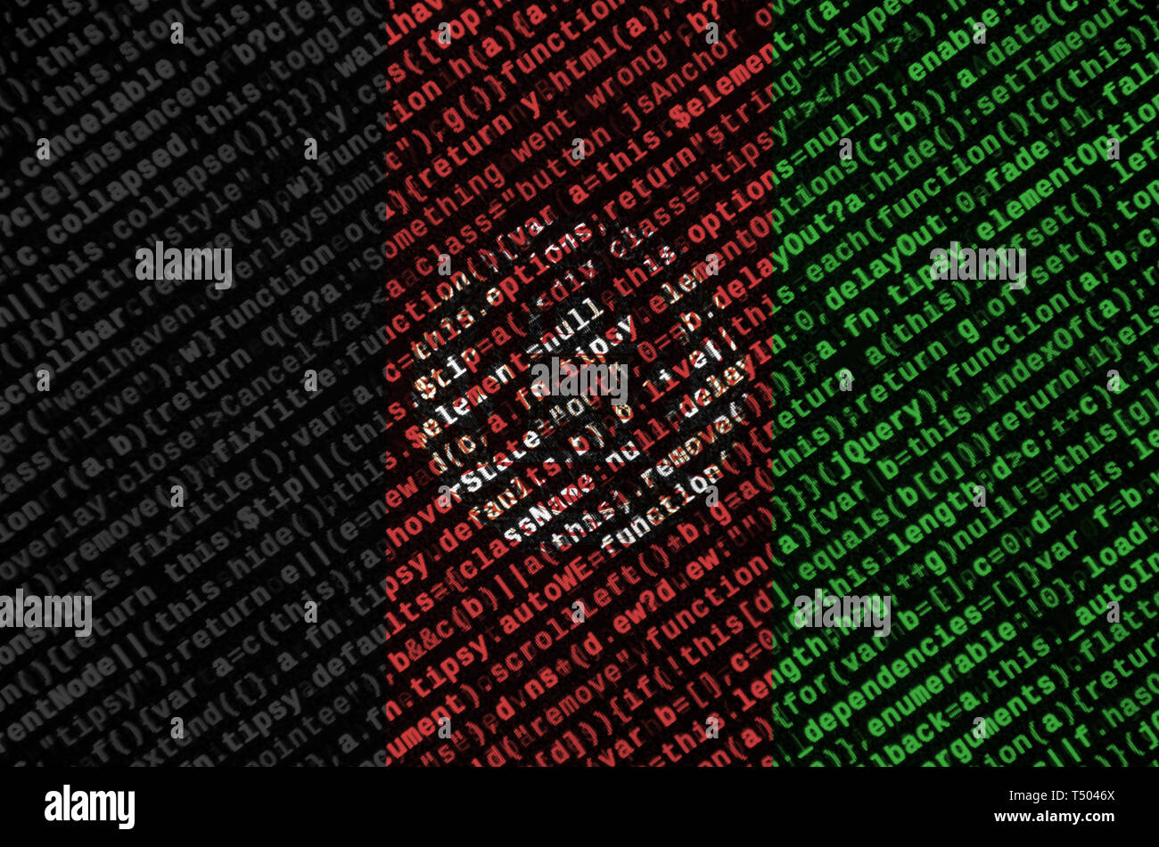 Afghanistan Fahne wird auf dem Bildschirm mit dem Programm Code dargestellt. Das Konzept der modernen Technologie- und Standortentwicklung. Stockfoto