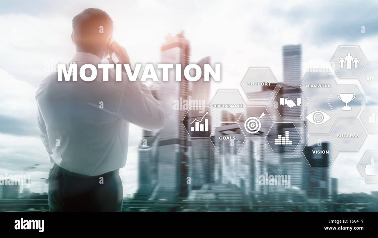 Motivation Konzept mit den Elementen. Business Team. Finanzkonzept auf verschwommenen Hintergrund. Mixed Media. Stockfoto