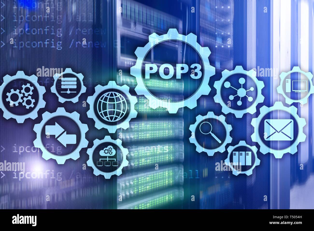 POP3. Post Office Protocol Version 3. Standard internet Protocol auf Datacenter Hintergrund. Stockfoto