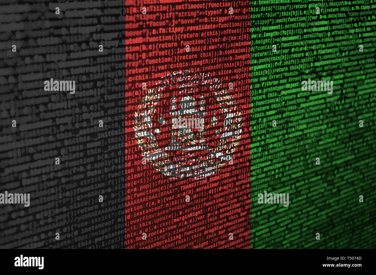 Afghanistan Fahne wird auf dem Bildschirm mit dem Programm Code dargestellt. Das Konzept der modernen Technologie- und Standortentwicklung. Stockfoto