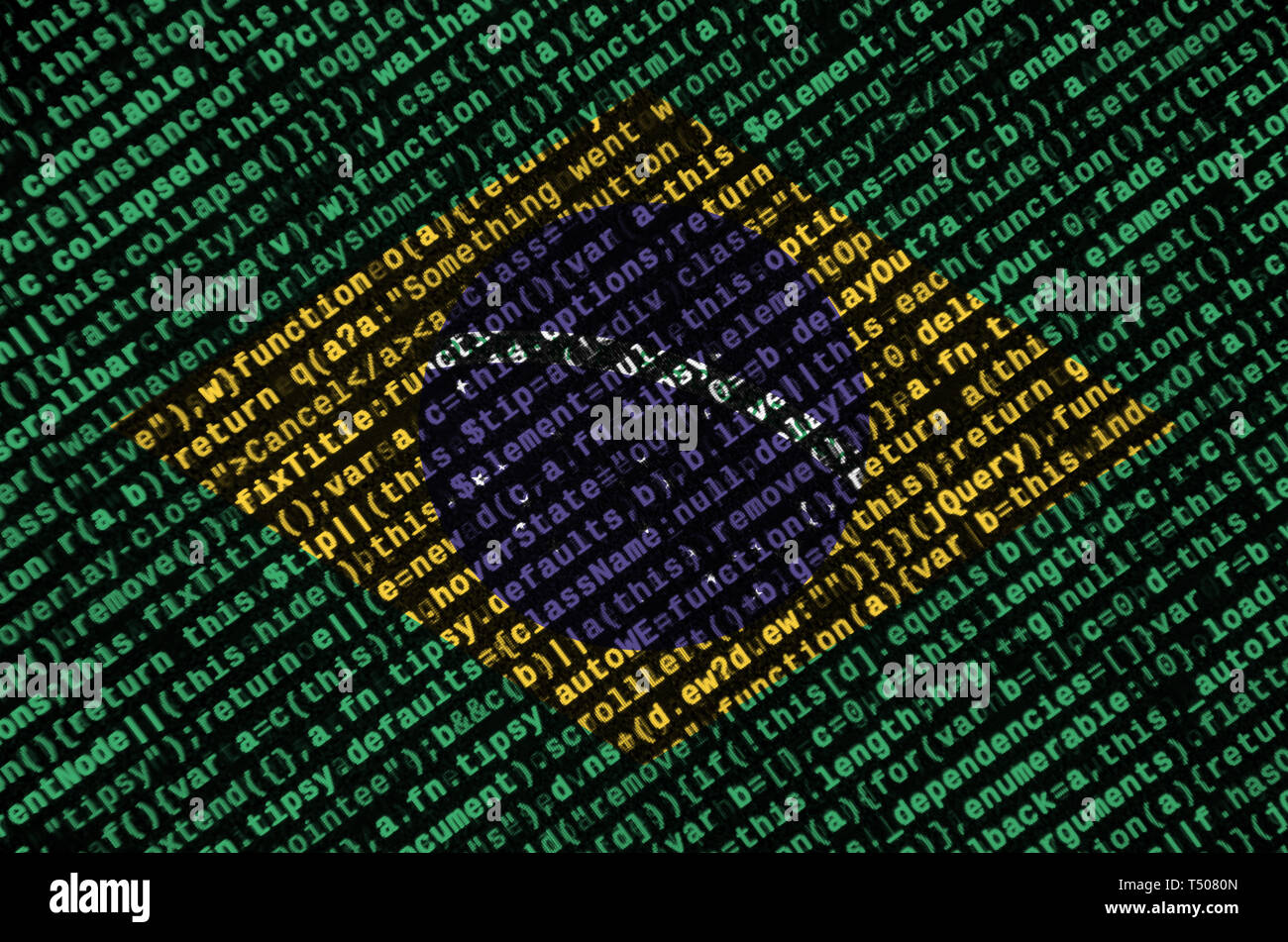 Brasilien Flagge wird auf dem Bildschirm mit dem Programm Code dargestellt. Das Konzept der modernen Technologie- und Standortentwicklung. Stockfoto