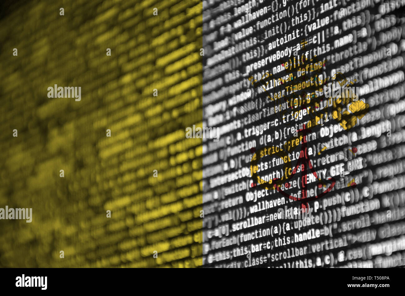 Der Staat der Vatikanstadt Flagge wird auf dem Bildschirm mit dem Programm Code dargestellt. Das Konzept der modernen Technologie- und Standortentwicklung. Stockfoto