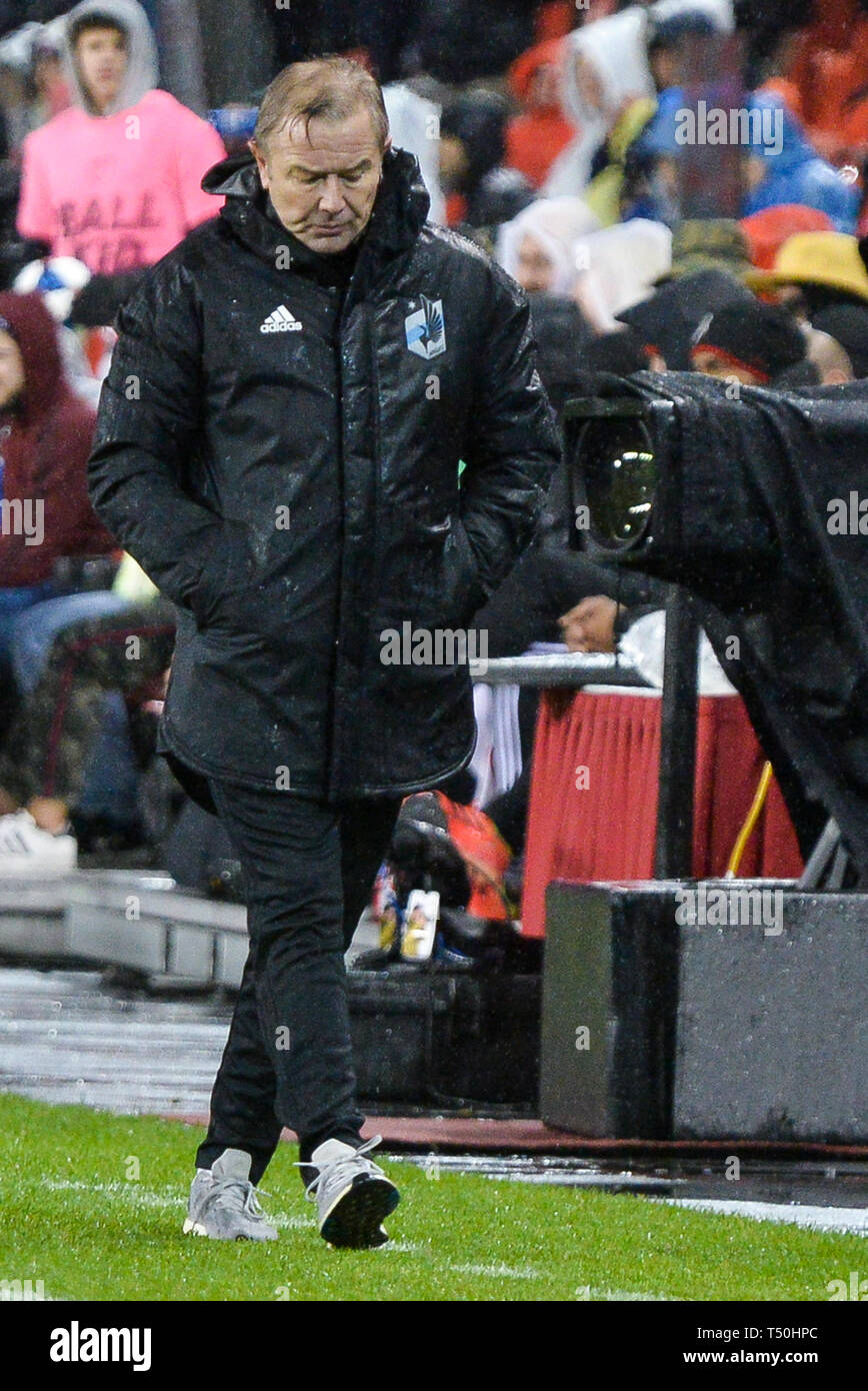 Head Coach von Minnesota United FC Adrian Heath während der 2019 MLS Regular Season Match zwischen Toronto FC (Kanada) und Minnesota United FC (USA) am BMO Feld in Toronto, Kanada (Score: Toronto FC gewann 4-3) Stockfoto