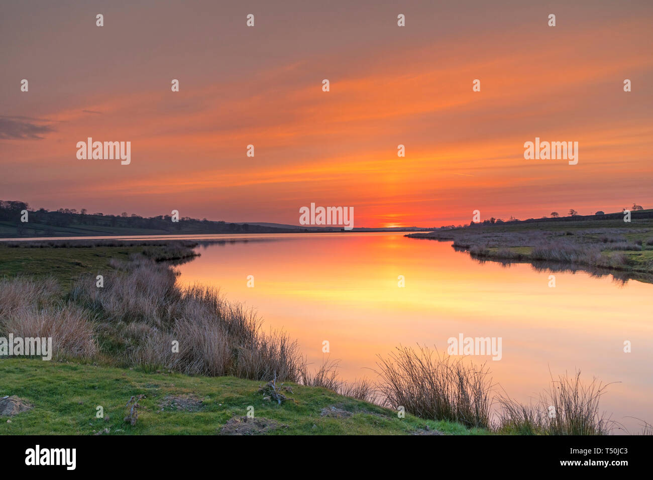 Baldersdale, Teesdale, County Durham, UK. Samstag, den 20. April 2019. UK Wetter. Einen spektakulären Sonnenaufgang über Hury Behälter boten einen weiteren heißen Tag in Nordengland. Quelle: David Forster/Alamy leben Nachrichten Stockfoto