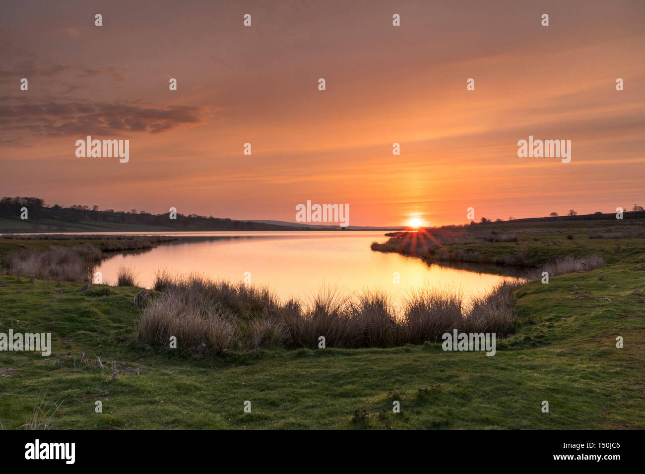 Baldersdale, Teesdale, County Durham, UK. Samstag, den 20. April 2019. UK Wetter. Einen spektakulären Sonnenaufgang über Hury Behälter boten einen weiteren heißen Tag in Nordengland. Quelle: David Forster/Alamy leben Nachrichten Stockfoto
