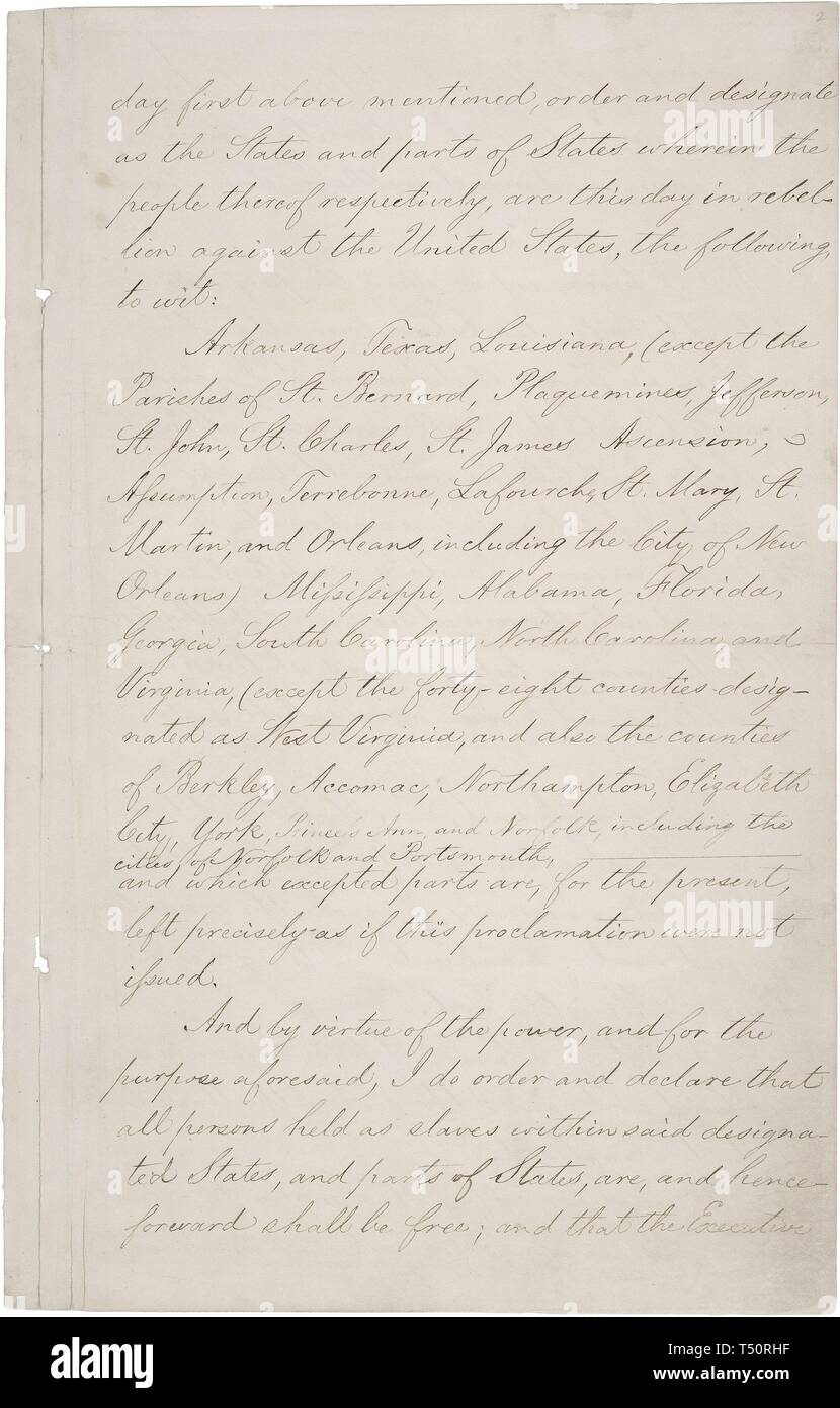 Die Emanzipations-proklamation, eine Executive Order von Abraham Lincoln unterzeichnet die Befreiung aller Sklaven im Süden, 1863. Mit freundlicher Genehmigung der nationalen Archive. () Stockfoto