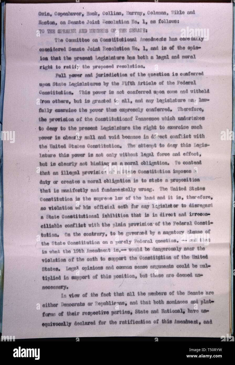 Seite 6 der Bescheinigung über die Ratifizierung des neunzehnten Änderung der Verfassung, zusammen mit der Auflösung und der Abschrift der Zeitschriften der beiden Häuser der Generalversammlung der Staat Tennessee, 1920. Mit freundlicher Genehmigung der nationalen Archive. () Stockfoto