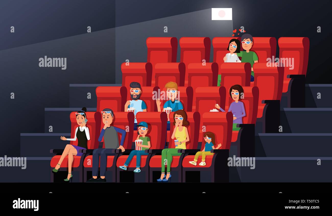 Glückliche Familie mit Kindern und Paare während der 3D-Film bequem Vector Illustration. Kinogänger Stuhl Zeilen mit Popcorn und genießen Film in Bild Palace. Theater Innenraum Stock Vektor