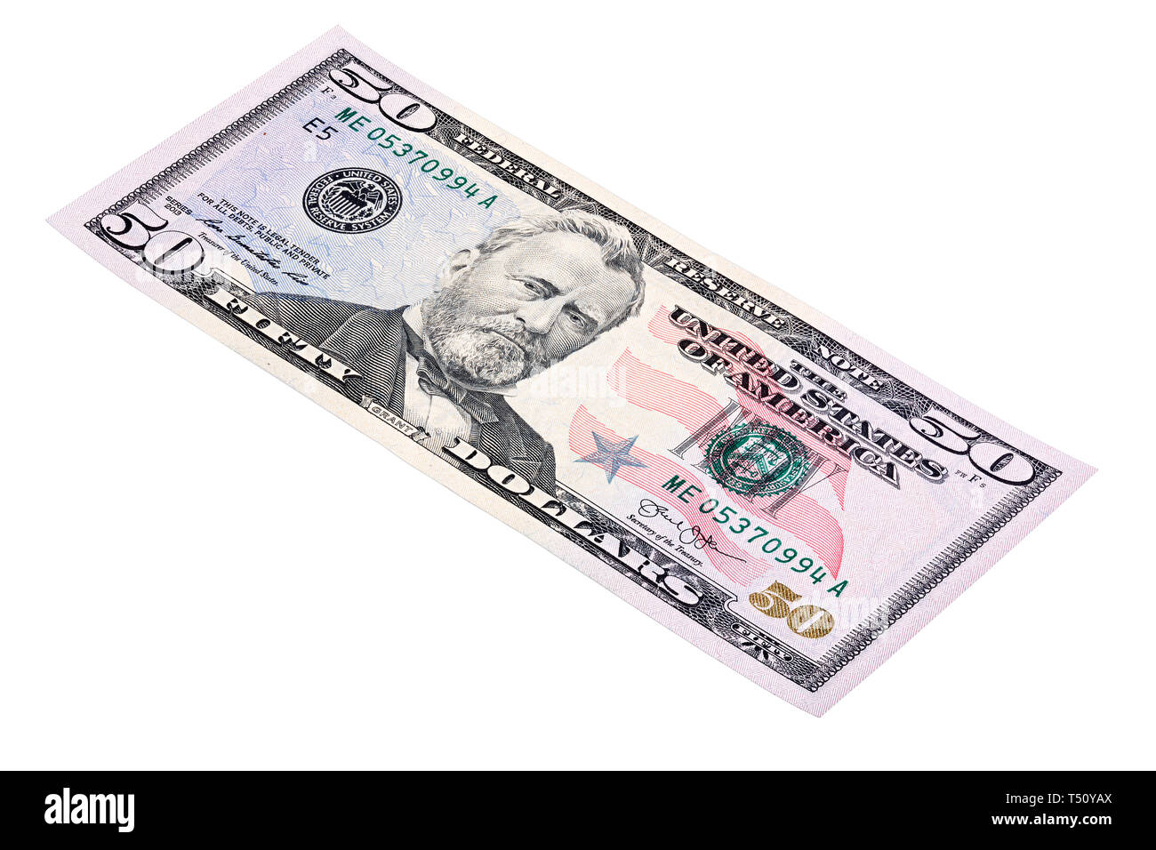 Gestapelte Schuß von US-fünfzig Dollar amerikanisches Geld Rechnung, in einem Winkel. Stockfoto