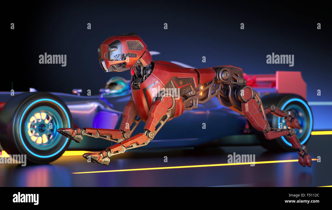 Rote Roboter Hund ist Racing mit Sport Auto. 3D-Darstellung Stockfoto