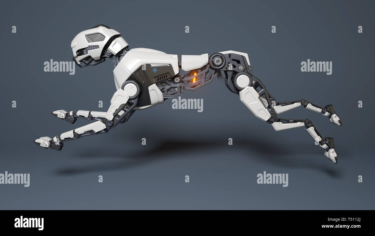 Roboter Hund läuft auf einem grauen Hintergrund. 3D-Darstellung Stockfoto